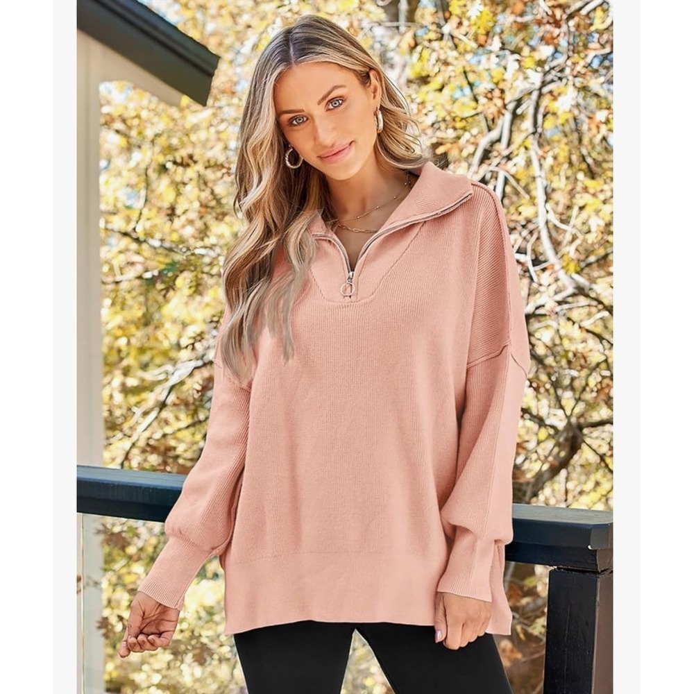Amazon Womens Pullover Sweater XL Pink Quarter Zip Long Sleeve Knit Top Fits 2X
